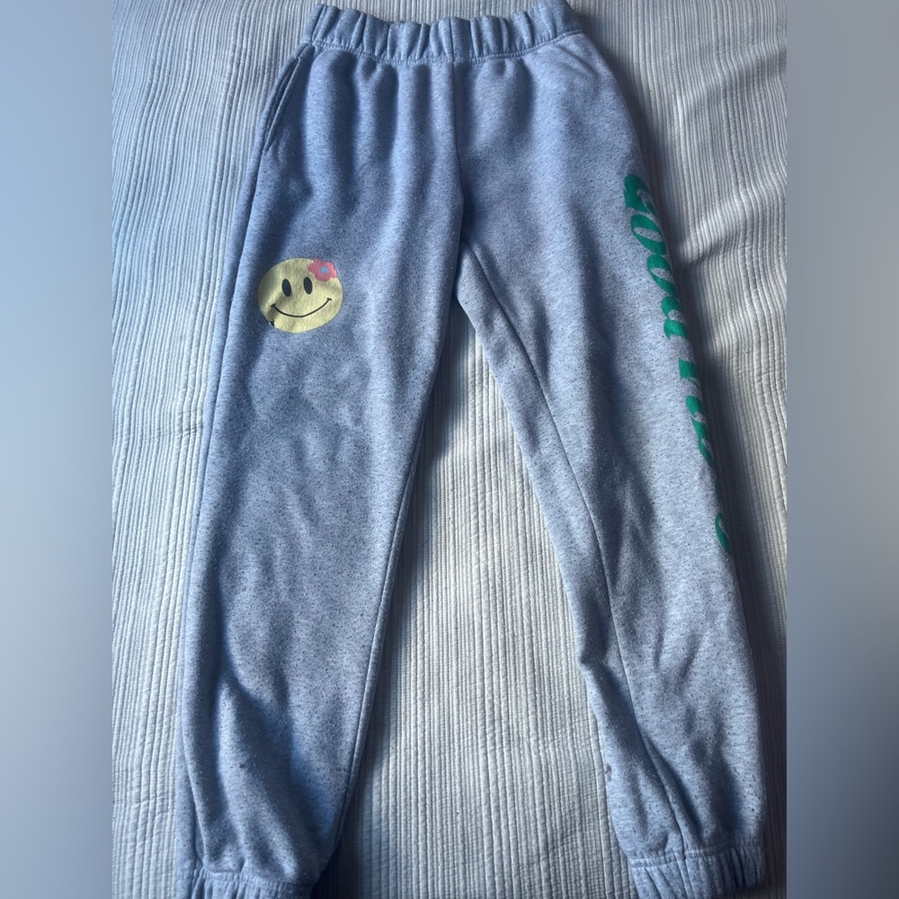 Ardene Gray Joggers with Smiley and Green Text